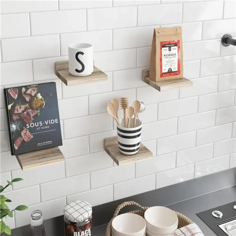 Set of 4 Floating Shelves Rustic Wood Small Wall Mounted Shelves